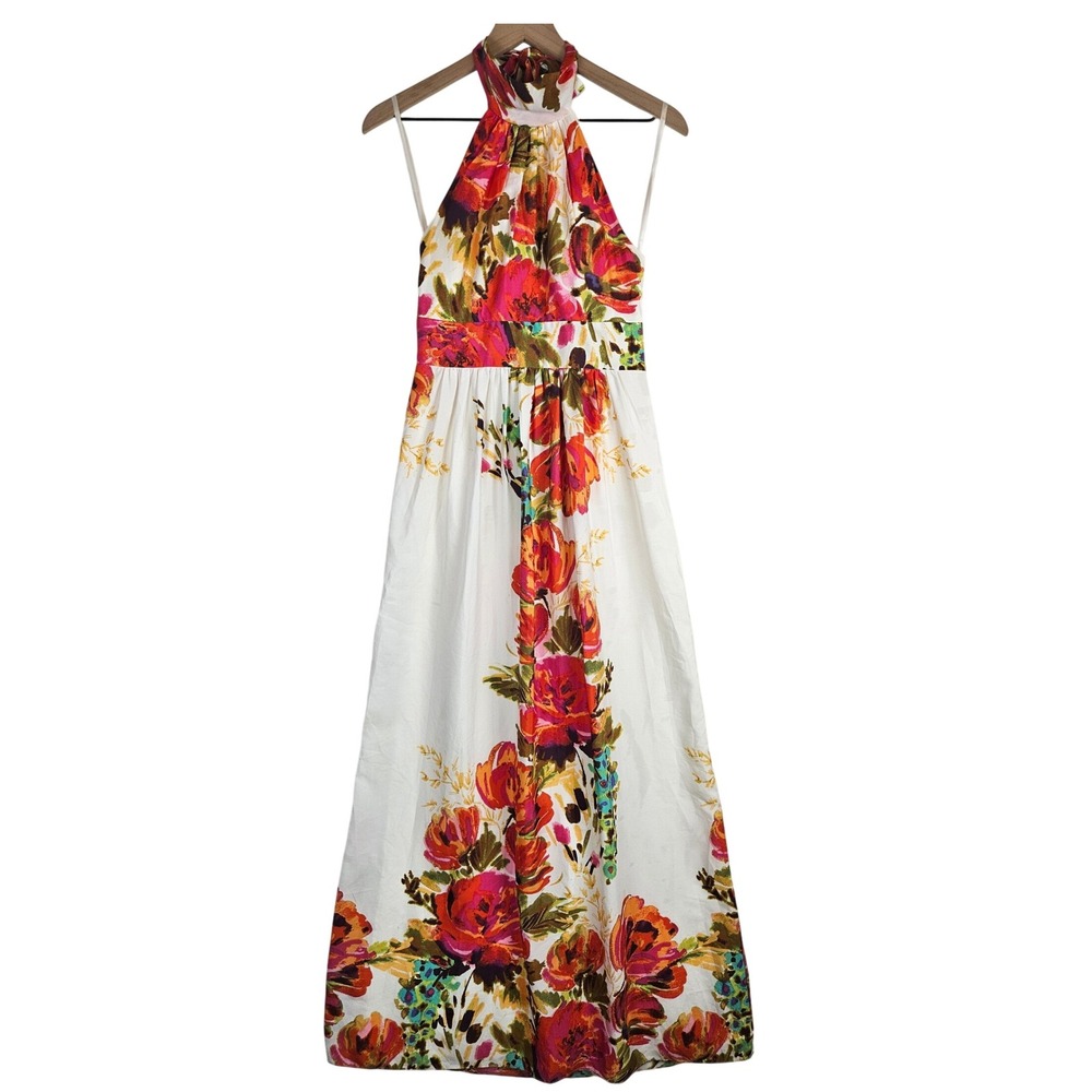 Eliza J Floral Halter‎ tie neck maxi dress open back event, size 4